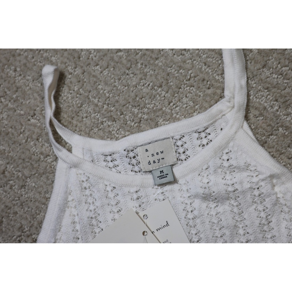 A New Day Cream Pointelle Knit Halter Tank Top Sleeveless Crochet Medium NWT - Picture 3 of 5
